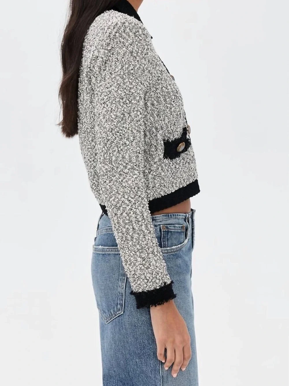 L’AGENCE Arielle Tweed Bouclé Jacket White Black Gold Buttons Designer